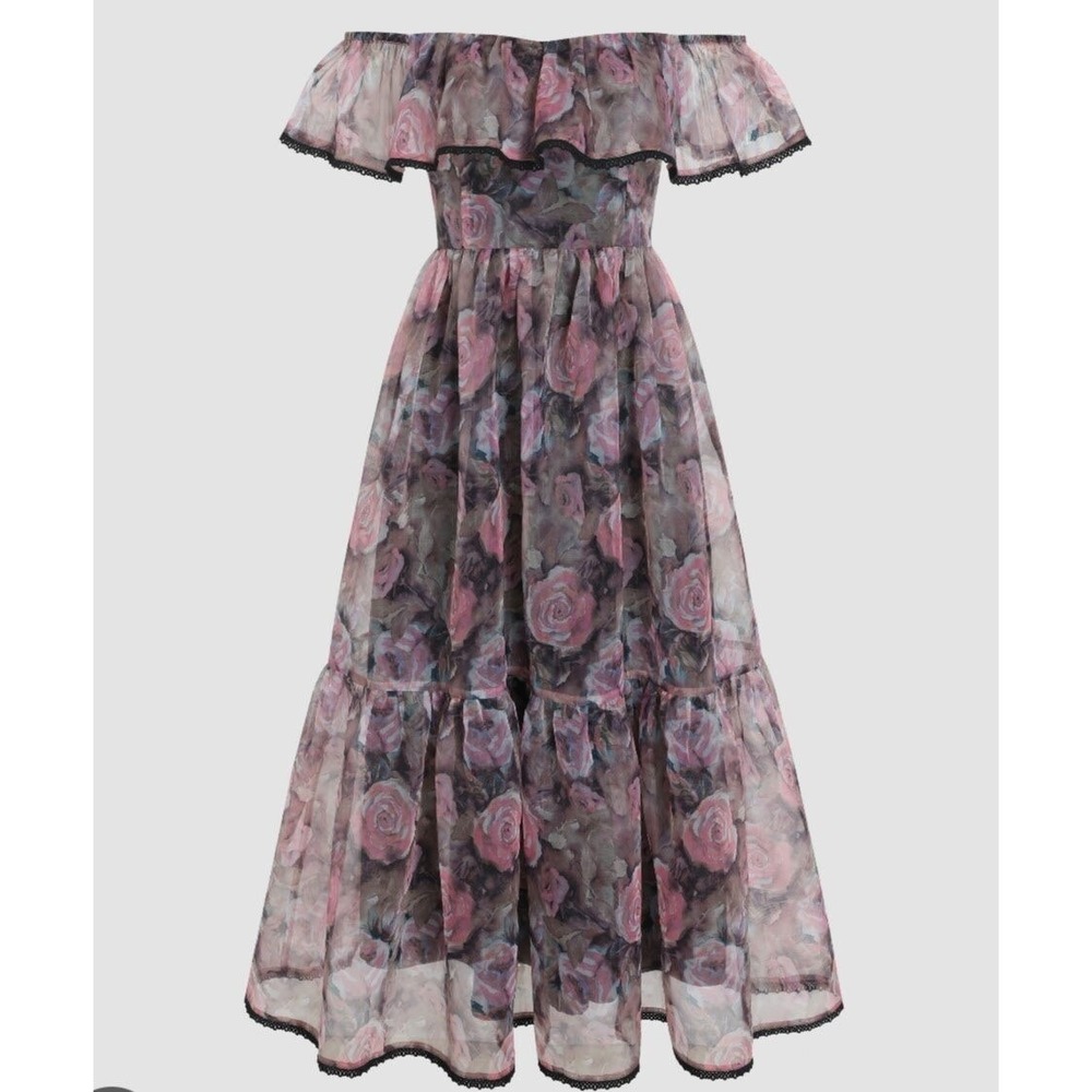Cider‎ Floral Midi Dress Off Shoulder Ruffle Trim Cottagecore Size L